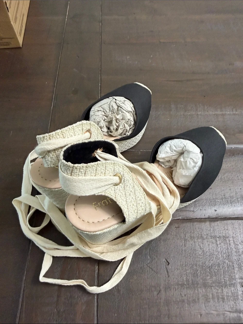 Black and Cream Tie Ankle Espadrille Flats - Women's Shoes